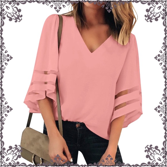 Tops - L Pink Mesh Panel Bell Sleeve Blouse